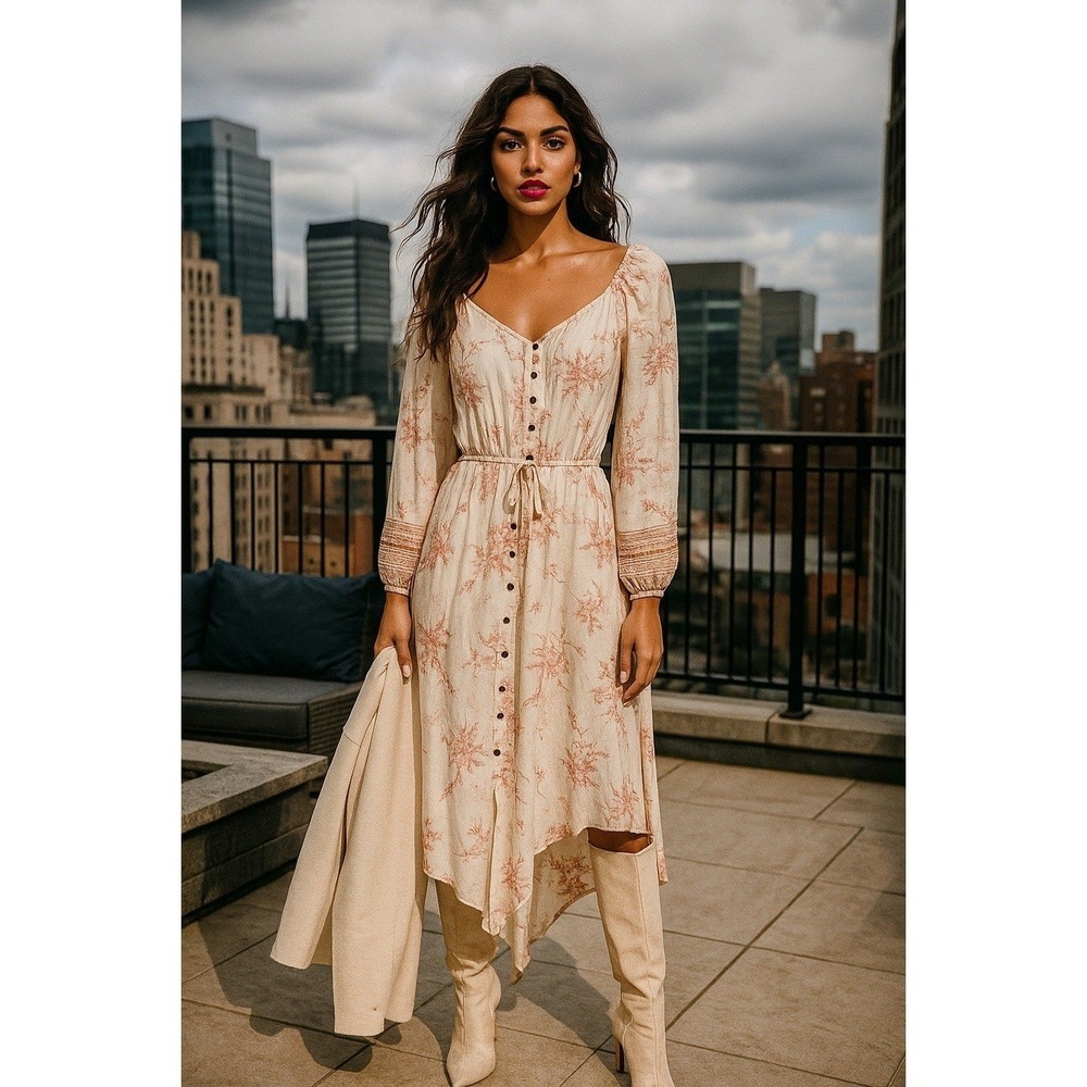 Knox Rose Floral High-Low Midi Dress Cream Pink XS Metallic Gold Pinstripe Boho